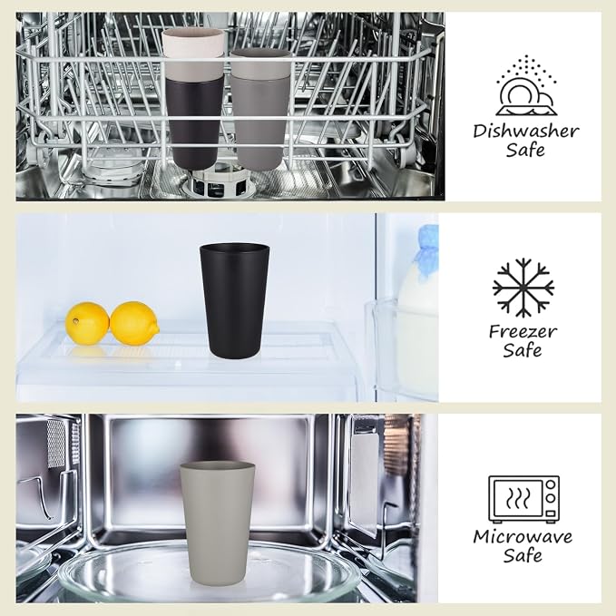 Premium Wheat Straw Cups 20 oz Set of 8 Alternative to Plastic Cups Reusable Unbreakable Drinking Cup Dishwasher Safe Water Glasses Tumblers, Grey and Black