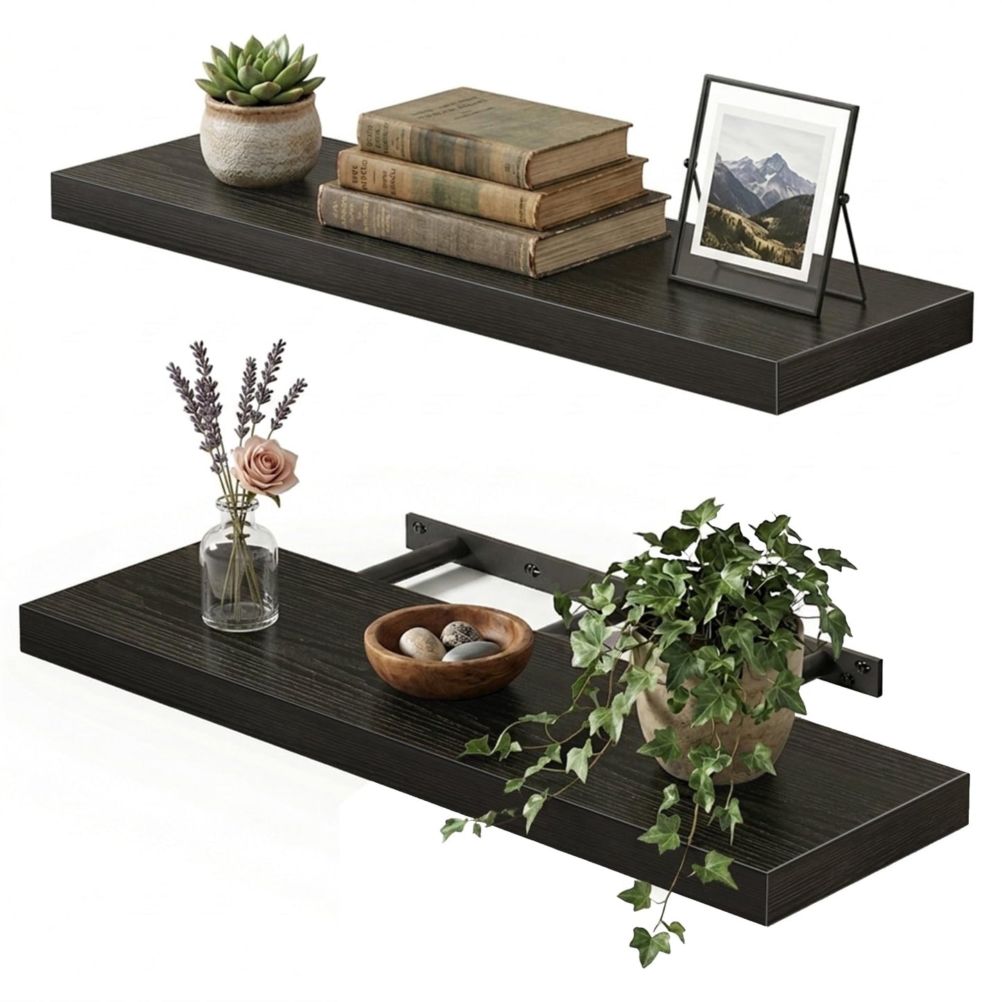 Fixwal Black Floating Shelves for Wall, 22" Long Wall Mounted Rustic Wood Shelves for Living Room, Bedroom, Bathroom and Kitchen, Wall Shelves for Storage, Books, Room Decor Set of 2