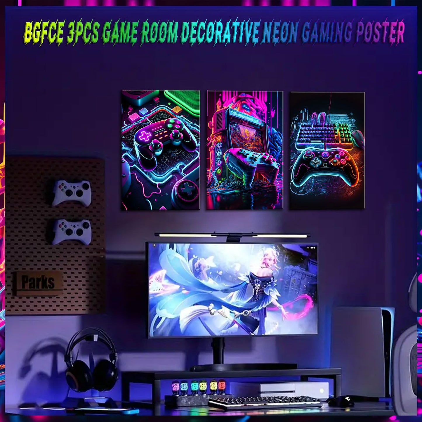 BGFCE Game Room Decor Posters Set of 3 - Neon Gaming Accessories Theme Canvas Wall Art, Gamer Console Paintings Picture Wall Decor for Children Youth Boys Bedroom 12x16 inch Unframed