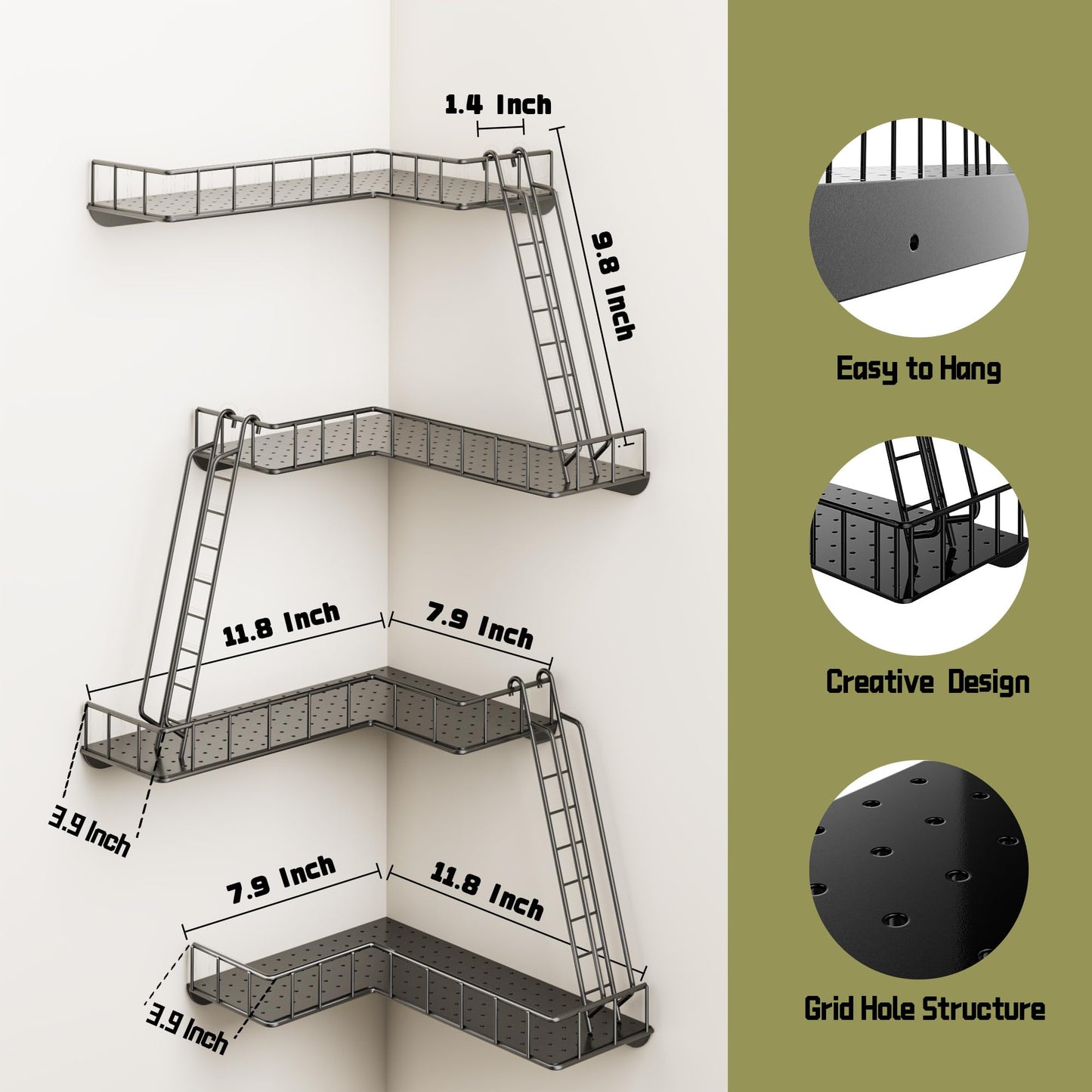 WOPITMER Fire Escape Wall Shelf - Modern City Style 4-Tier Corner Wall Shelves, Easy to Install Metal Ladder Shelf for Figures, New York Decorative Shelves for Bathroom, Living Room & Home Decor,Black