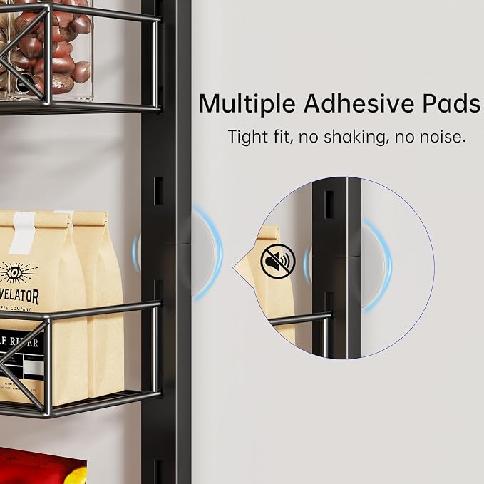 MIAOLI Over the Door Organizer, Black 6-Tier Pantry Door Organizer with Adjustable Basket, Hanging Spice Rack Cabinet Door Shelves, Laundry Room Organization and Storage
