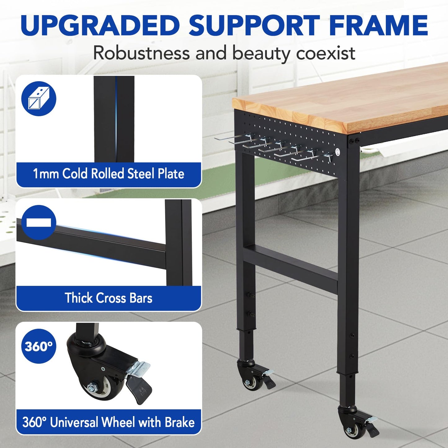 Workbench Adjustable 75' x 25', 2000 Lbs Load Capacity, 29.5"-38.4" Heights Garage Worktable with Universal Wheels & Power Outlet, Heavy-Duty Table for Workshop Office Home Commercial