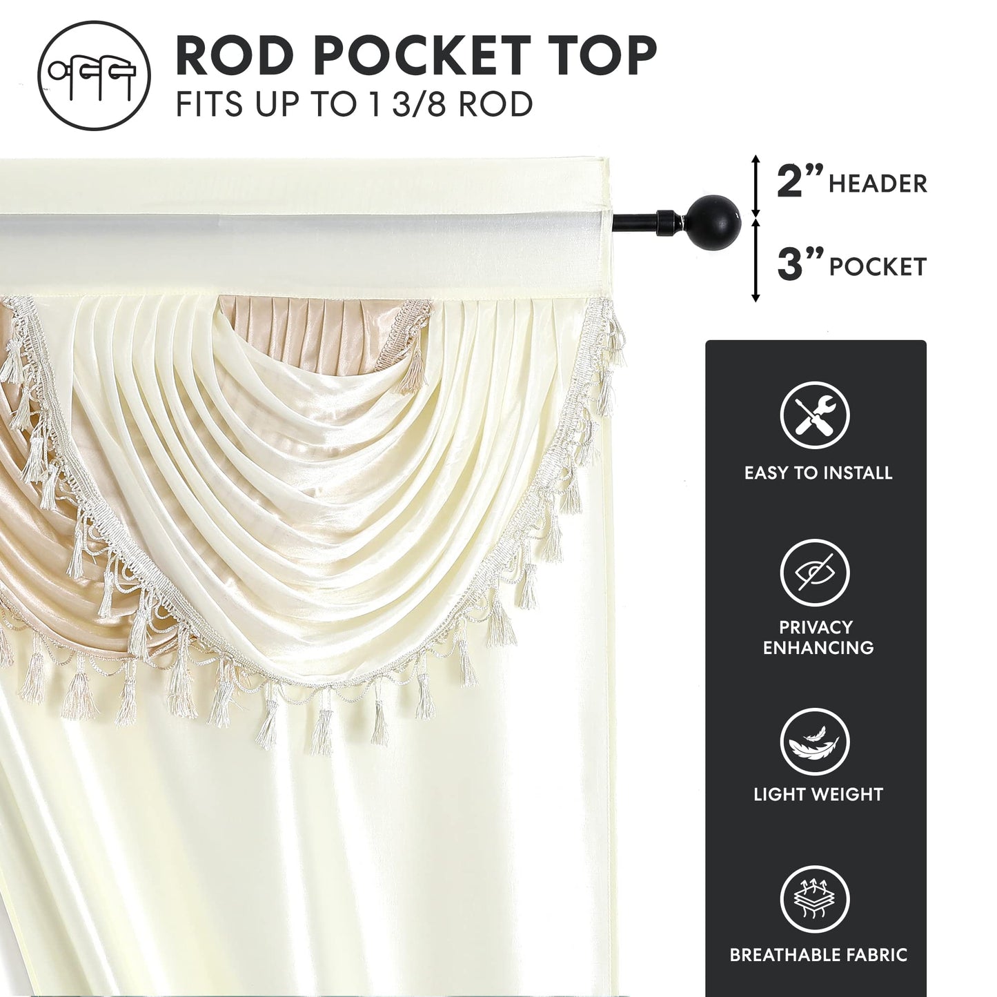 Regal Home Collections Amore Curtains 5-Piece Window Curtain Set - 54-Inch W x84-Inch L Panels with Attached Valance and 2 Tiebacks - Bedroom Curtains and Living Room Curtains (Beige)