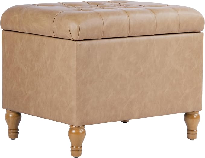 Spatial Order Home Decor | Upholstered Button Tufted Storage Ottoman | Hinged Lid Ottoman with Storage for Living Room & Bedroom | Decorative Home Furniture (Sand Faux Leather)