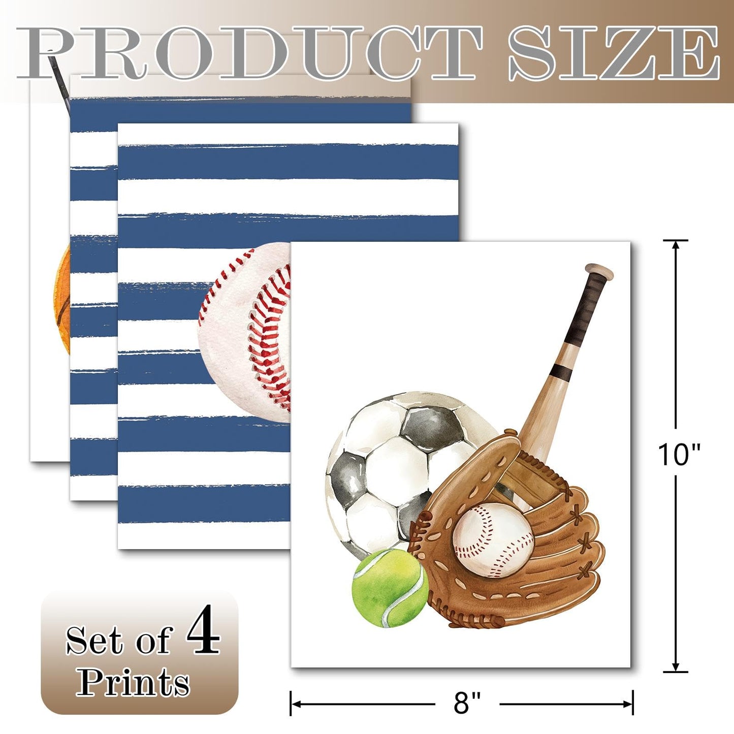 Hapons Sport Themed Wall Art Decor Posters, Basketball Baseball Football Soccer College Teen Boys Men Kids Room Bedroom Playroom Dorm Wall Art Prints, Aesthetic Tennis Golf Blue Striped Nursery Wall Decor Sport Lover Gifts 8''x10'' 4 PCS Unframed
