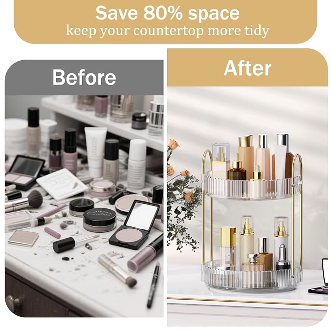 MOKANI 360 Rotating Makeup Organizer for Vanity, 2 Tier Adjustable Perfume Organizer for Dresser, Multi-Function Spinning Cosmetics Skincare Storage for Bedroom, Dresser, Countertop, Clear