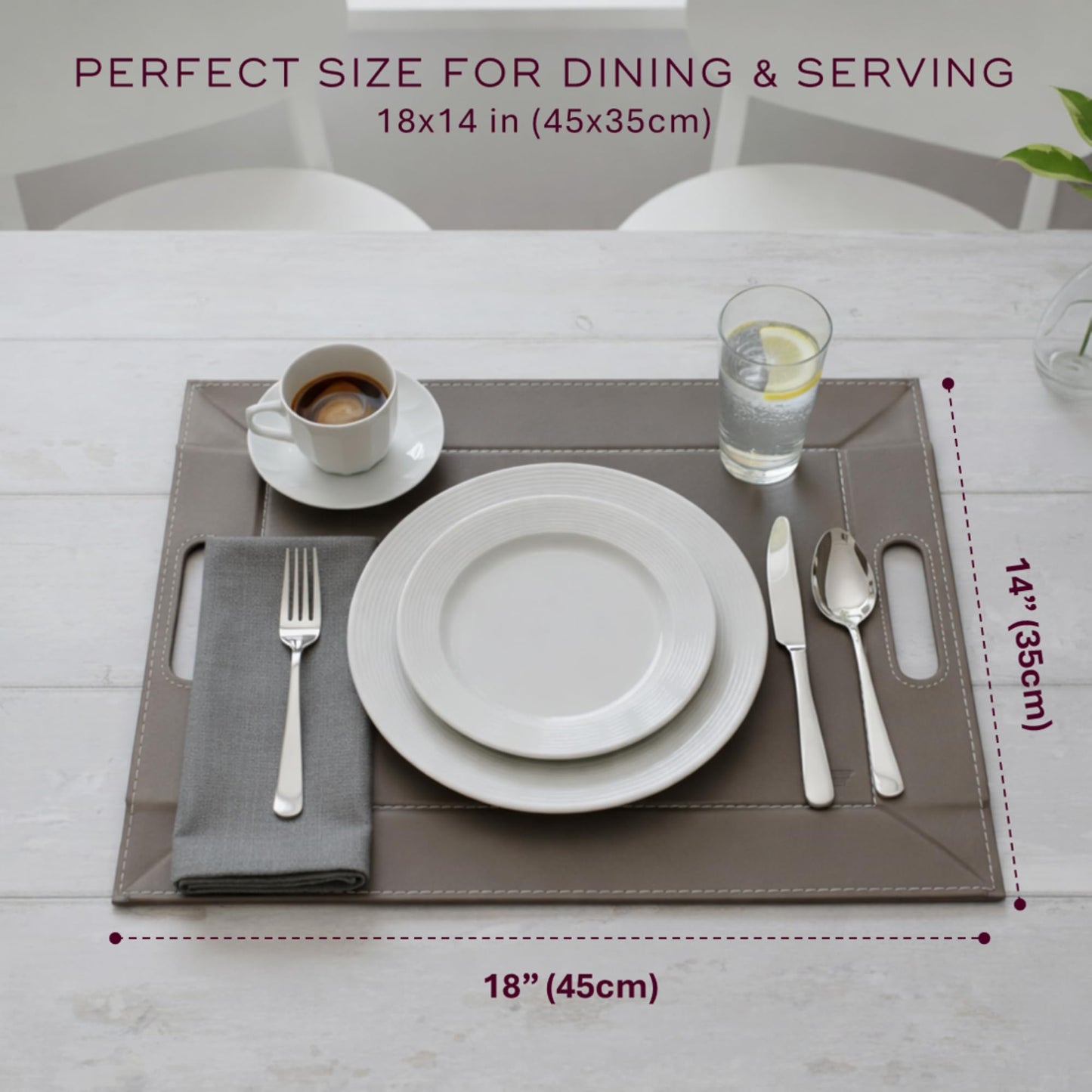 FREEFORM PLACEsMAT 2-in-1 Faux Leather Placemat & Serving Tray | Reversible Design, Lays Flat & Easy to Clean | Ottoman Food Tray, Perfect Housewarming Gift, 18” x 14” (Taupe & White, Single)