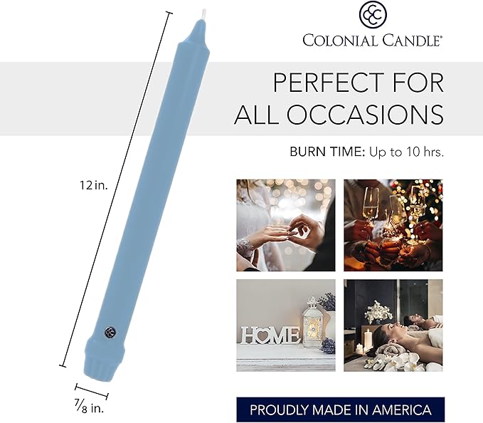 Colonial Candle Unscented Taper Candle, Classic Collection, Coastal Blue, 12 in, Pack of 12 - Up to 10 Hours Burn