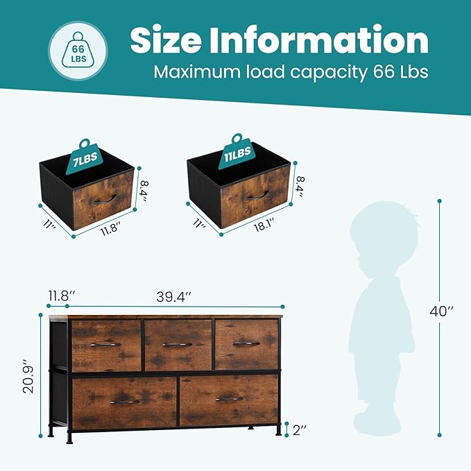 OLIXIS 5 Drawer Dresser for Bedroom, Wide Fabric Storage Tower with Wooden Top and Metal Frame, Closet Chest Organizer Furniture, TV Stand for Living Room Hallway, Brown