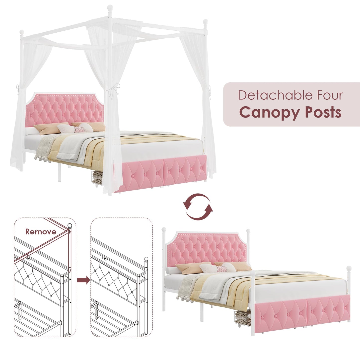 Keyluv Queen Upholstered Canopy Bed Frame with 2 Storage Drawers & Button Tufted Headboard, Metal Platform Bed with 4 Removable Posts, Two-Purpose Velvet Bed, Pink/Curtain Not Included