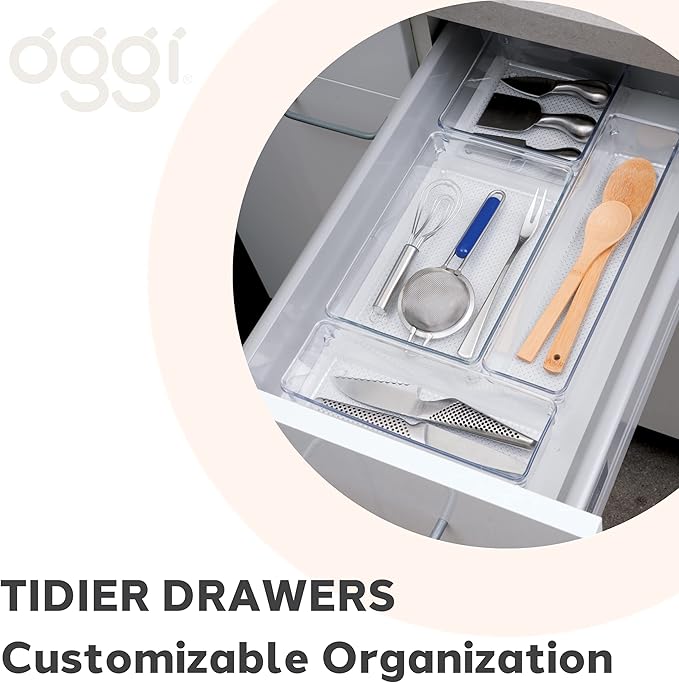 Oggi Clear Drawer Organizer - 6" X 15" - Ideal for Organizing Kitchen Drawers, Office, Desk, Silverware, Kitchen Utensils, Cosmetics and Bathrooms (Pack of 2)