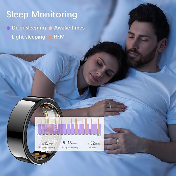 Ring Health Tracker for Women Men, Fit Ring with Heart Rate, Blood Oxygen, Sleep Monitor, Calories, Step Counter, IP68 Waterproof Smart Ring for iPhone & Android, No Subscription Fee (Black, 10#)