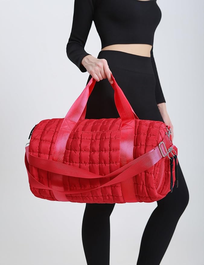 Quilted Duffel Gym Bag for Men and Women Carry On Travel Sport Weekender Bag, Red