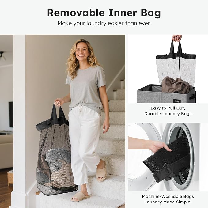 SOLEDI Double Laundry Hamper with Lid, 47.8 Gal (180L) Large Laundr Basket 2 Section with 2 Side Pockets, Dirty Clothes Hamper with Removable Bag, Easy to Carry for Laundry Room, Bedroom, Grey