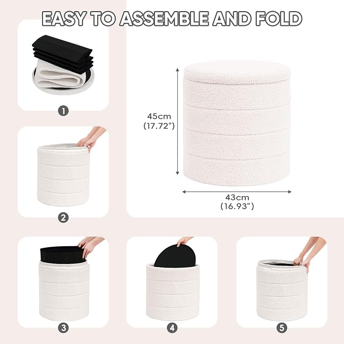 PINPLUS Round Storage Ottoman Foot Rest Stool with Tray Velvet Sherpa Folding Storage Ottoman,Boucle Foot Rest for Living Room, Bedroom, Dorm,White Color