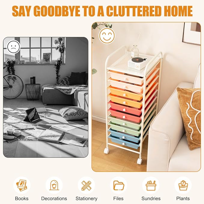 MEDIMALL 10 Drawers Rolling Storage Cart, Multipurpose Craft Storage Cart with Wheels, Mobile Tools Scrapbook Paper Organizer Cart for Office School Home Use