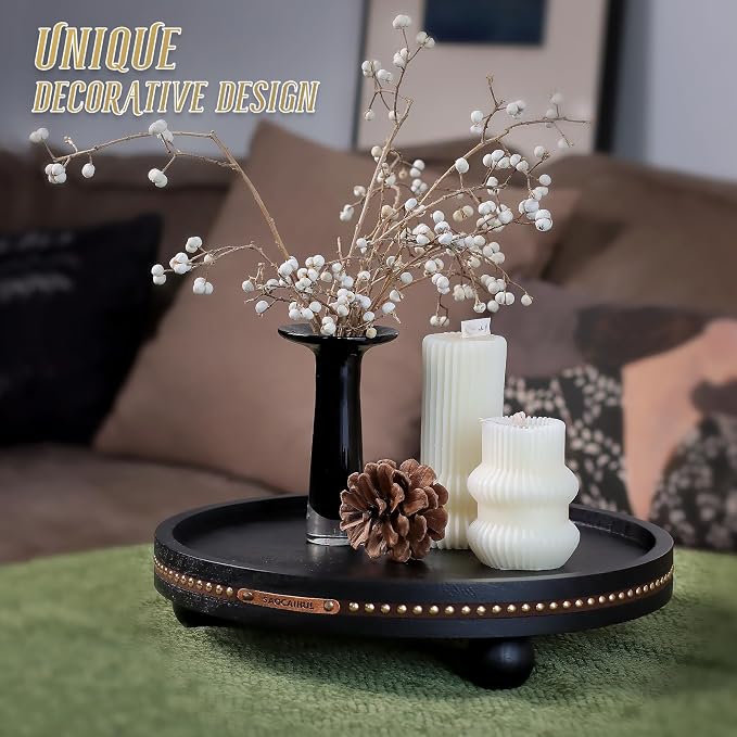 Farmhouse Decorative Round Tray, 11.81 Inch, Versatile Centerpiece Tray for Coffee Table Kitchen Living Room Bathroom, Home Decor Accent Black