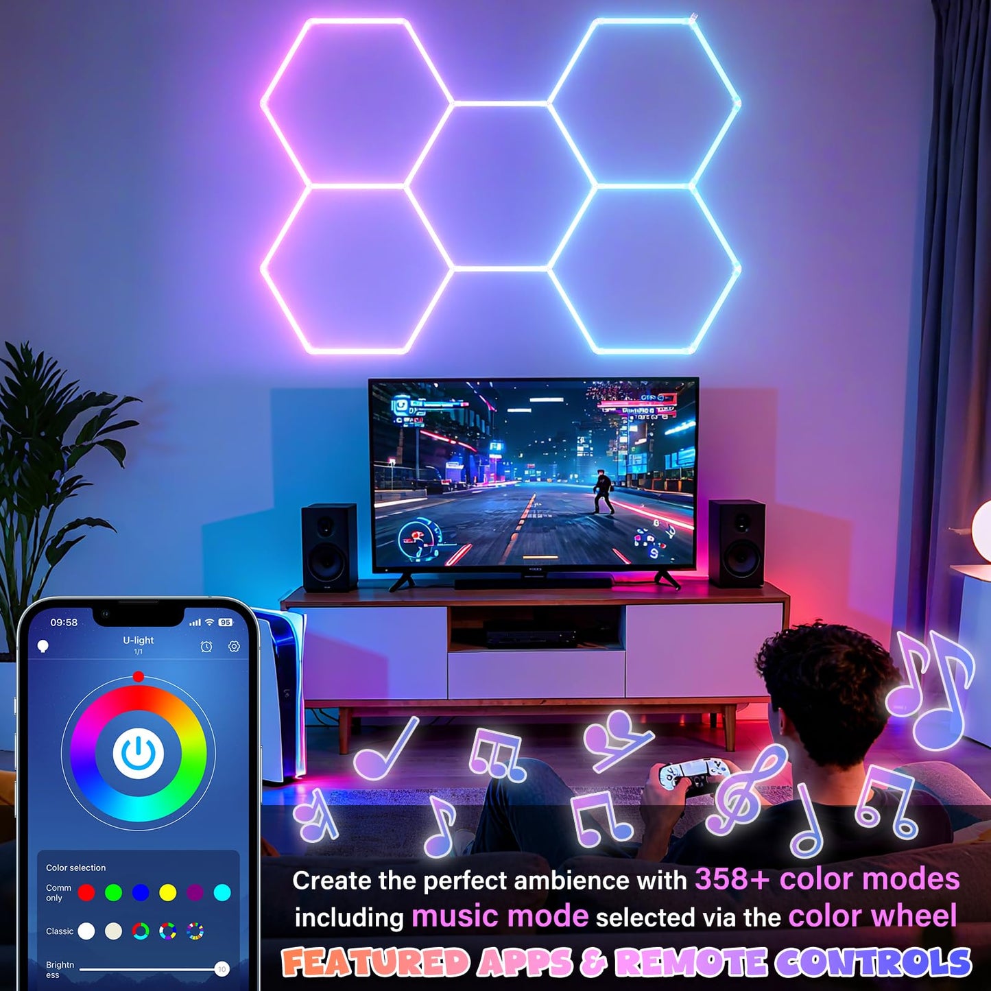 ALLYES Hexagon Garage Lights - RGB Hexagon Wall/Ceiling Lights with Music Sync Dimmable & Speed Adjustable Modes, App & Remote Control, Multi-Scene Honeycomb Light for Gaming Room, Bar, Party, Gym