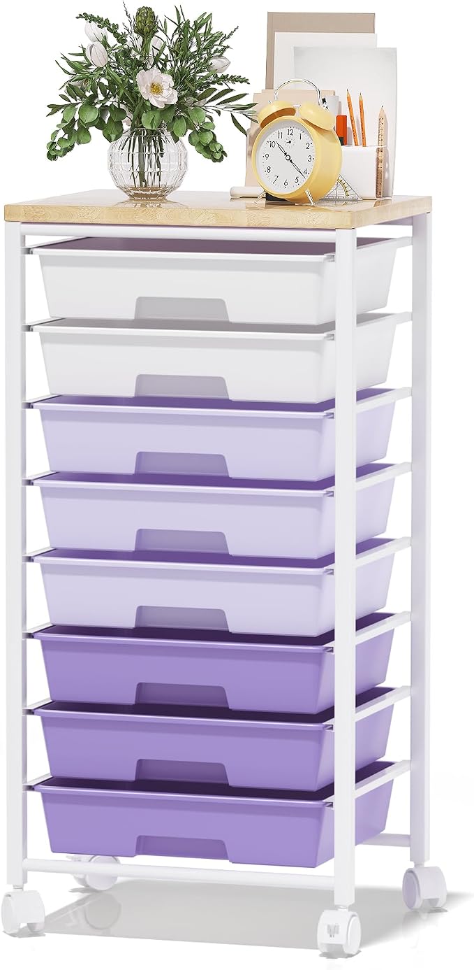 Rolling Cart with 8 Drawers, Storage Drawers Cart with Wooden Tabletop and Lockable Wheels, Craft Storage for Living Room, Office, Classroom, Craft Room, Bedroom (Purple)