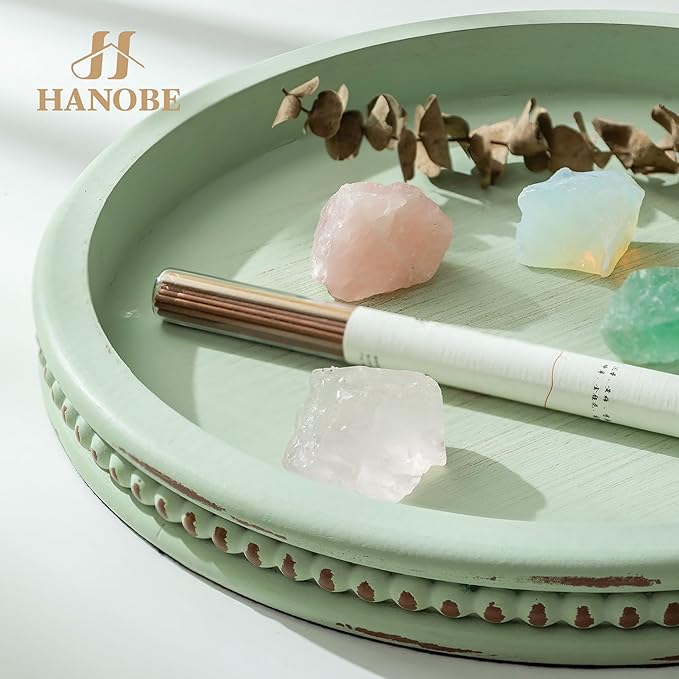 Hanobe Sage Green Tray Decor: Round Decorative Tray for Coffee Table Centerpiece - Wooden Candle Plate Holder for Rustic Farmhouse Home Living Room Kitchen Counter