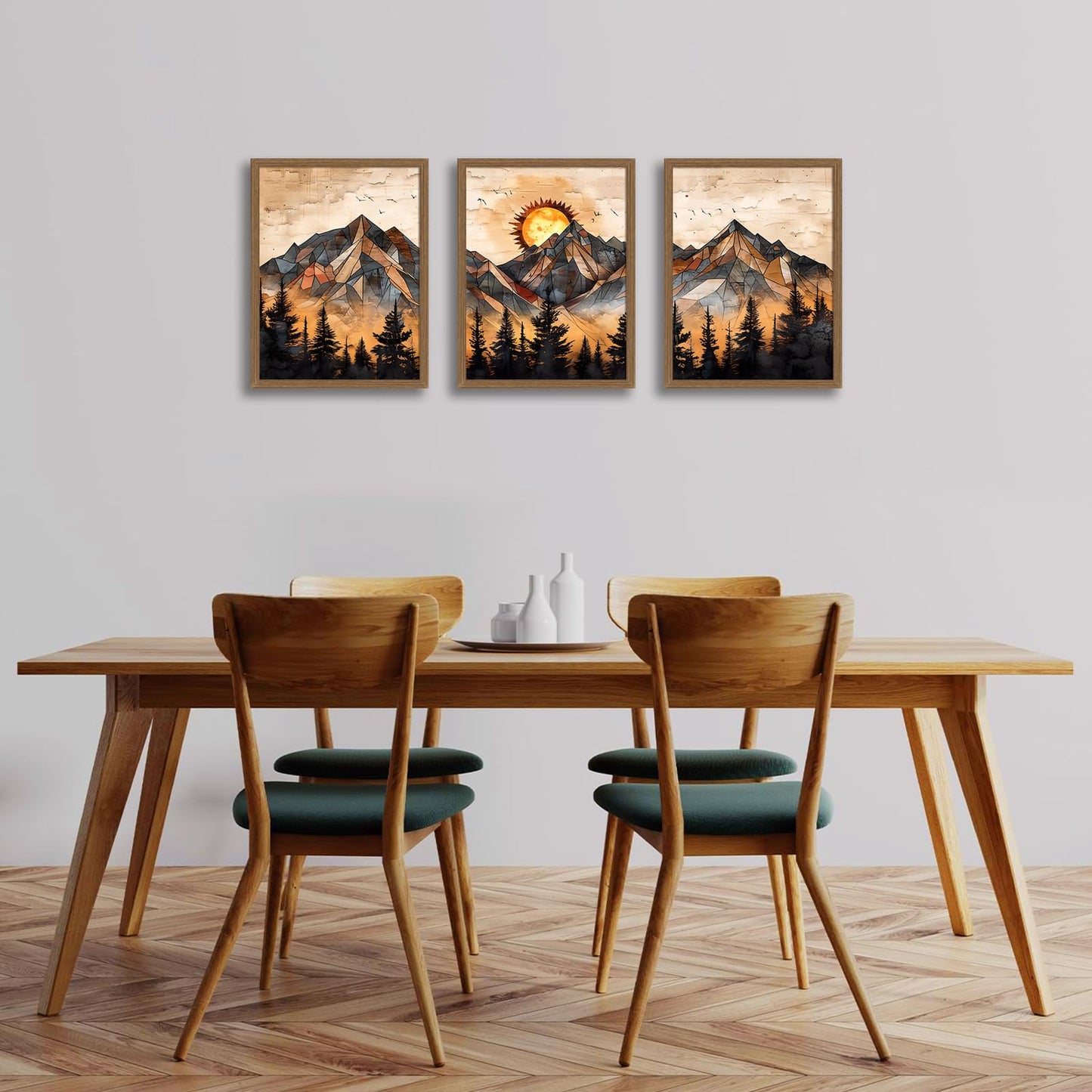 soonkiss Warm Tone Geometric Mountain Wall Art Set of 3, Abstract Sunset Forest Canvas Prints, Boho Nature Wall Decor for Living Room Bedroom Office 12x16 Inch