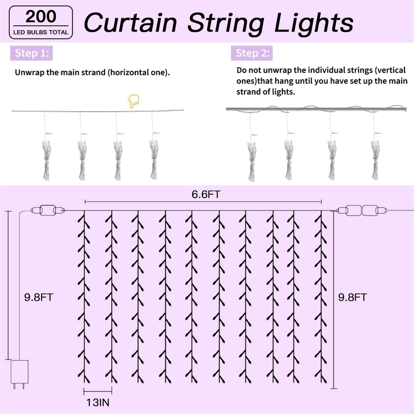 Soagrc 200 LED Rainbow Curtain String Lights 9.8 * 6.6FT Plug in Fairy with Timer and 8 Modes, Waterproof Window Wall Lights for Bedroom Wedding Party Indoor Outdoor Christmas Decor