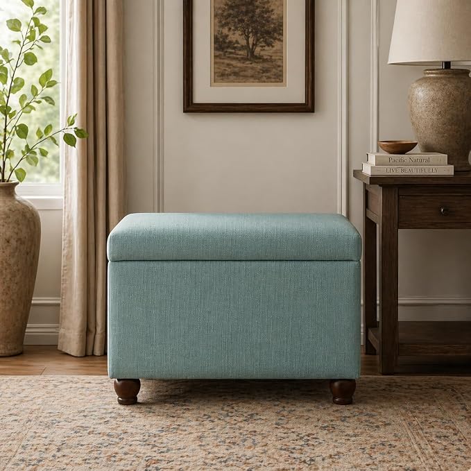 Spatial Order Home Decor | Upholstered MediumRectangular Storage Ottoman | Hinged Lid Ottoman with Storage for Living Room & Bedroom, Aqua Linen