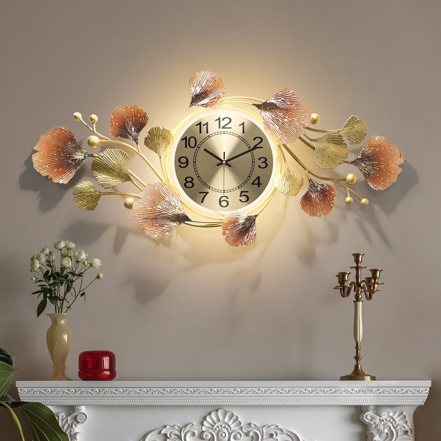 HEBOIX Large Wall Clocks for Living Room Decor with Silent Quartz Movement and 3D Ginkgo Leaf Modern Stylish Decorative Metal Wall Clock for Living Room/Bedroom/Office/Bathroom Wall Art