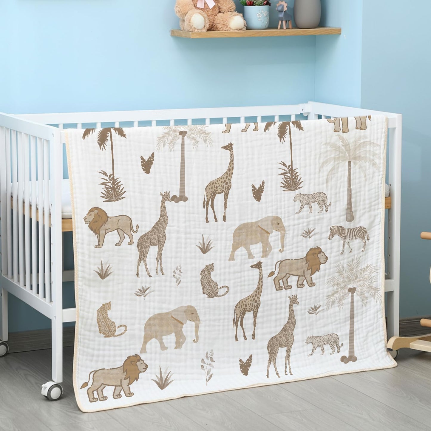 SmoothNovelty Safari Animal Muslin Blanket 47 x 47 Inch Warm Soft Cotton Muslin Swaddle Blanket Nursery Swaddling Wrap Quilt for Bedding Gift, Cold Weather, Jungle Theme Nursery Decor