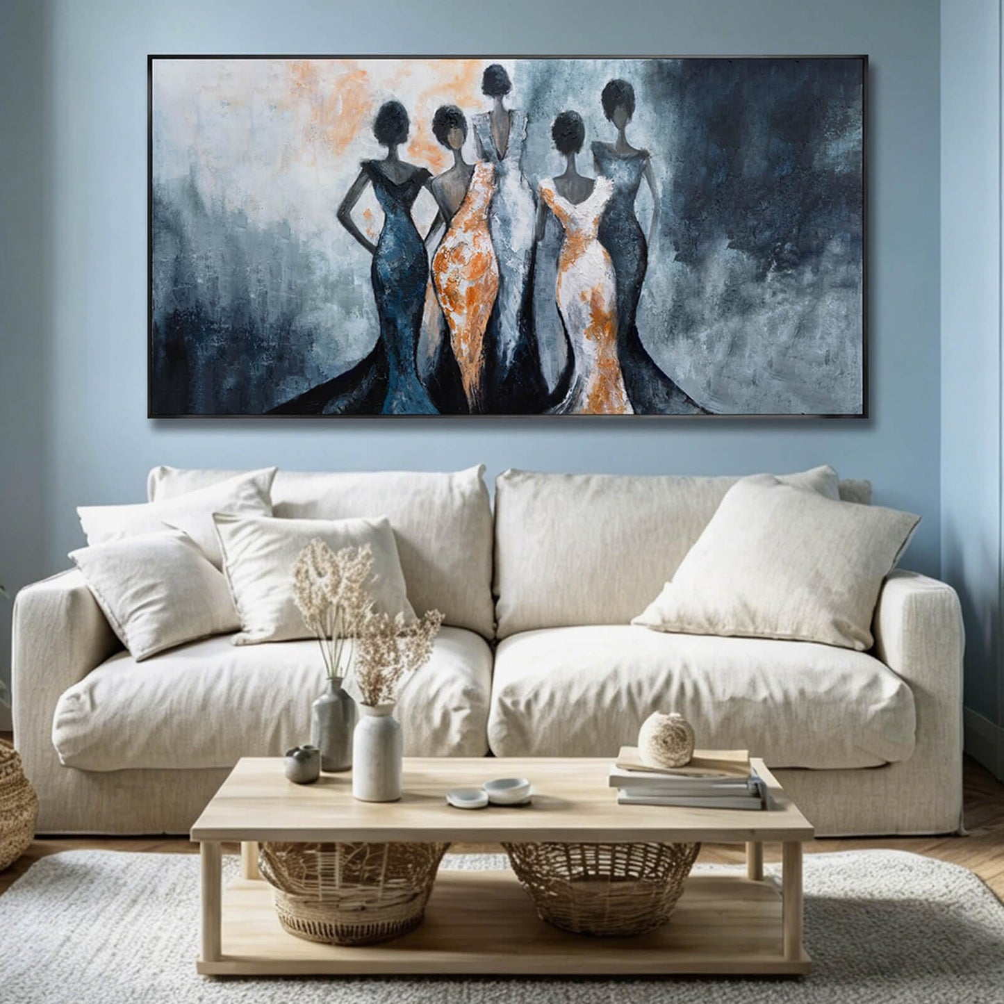 Black Girl Wall Art,Women Canvas Posters Wall Decor,Black And Blue Photo Pictures Prints,Framed Arts for Home Living Room Bedroom 24"x48"