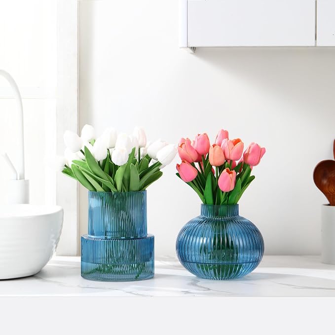 Ribbed Glass Vases, Set of 2 Fluted Vases for Flowers, Blue Glass Vase for Tulips, Modern Vase for Living Room, Kitchen, Office, Entryway, Mantle, Bookshelf, Wedding Gifts, Birthday