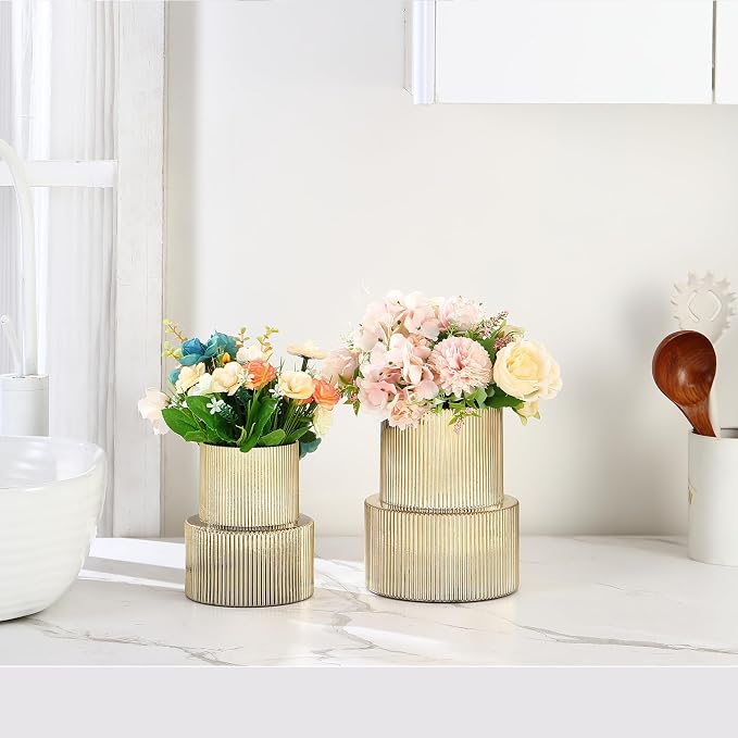 Ribbed Glass Vases for Bouquet, Set of 2 Gold Vases for Flowers, Gold Glass Vase for Tulips, Modern Vase for Living Room, Office, Coffe Table, Dining Table, Shelf, Wedding
