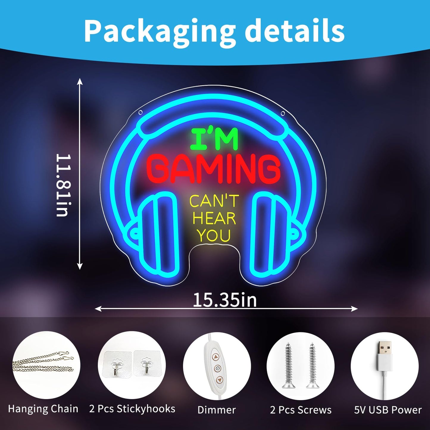 Gaming Neon Sign for Boys Room, Dimmable LED Game Room Neon Lights, USB Powered "I'M GAMING CAN'T HEAR YOU" Headset Neon Sign, Gamer Gifts for Men Teenager, Wall Decor for Game Zone Video Room Bedroom