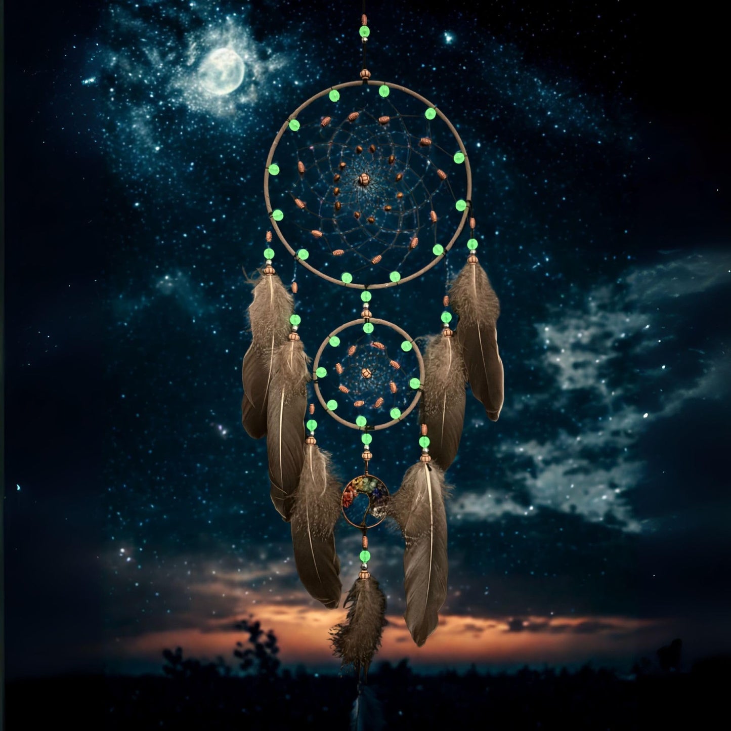 XEYOLHON Dream Catchers for Adults with Luminous Beads Dream Catcher with 7 Chakra Handmade Wall Decor with Native Feather Hanging Ornament for Bedroom Brown