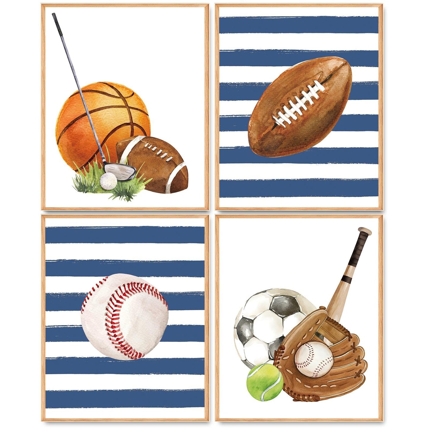 Hapons Sport Themed Wall Art Decor Posters, Basketball Baseball Football Soccer College Teen Boys Men Kids Room Bedroom Playroom Dorm Wall Art Prints, Aesthetic Tennis Golf Blue Striped Nursery Wall Decor Sport Lover Gifts 8''x10'' 4 PCS Unframed