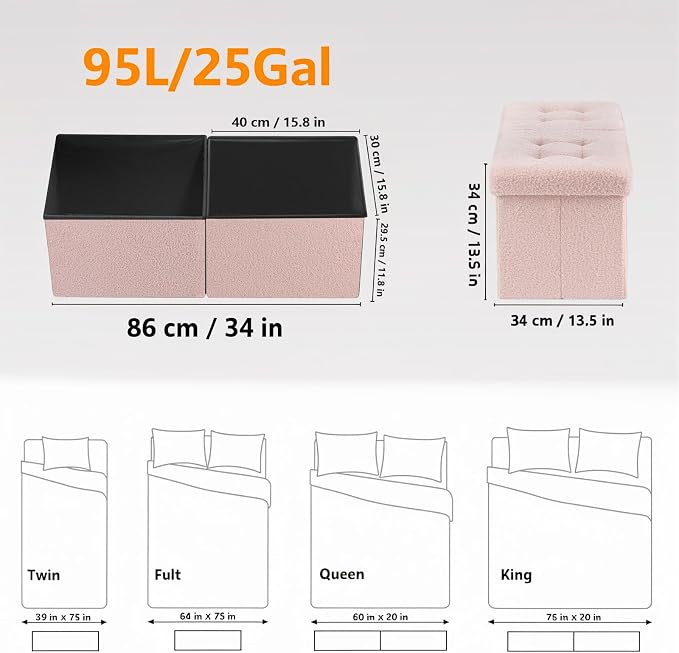 AmasSmile Footrest Ottoman Bench with Storage,34Inch Pink Teddy Velvet Footstool, Coffee Table, Padded Seat, Storage Chest,Blanket Store with Flipping Lid for Livingroom and Bedroom