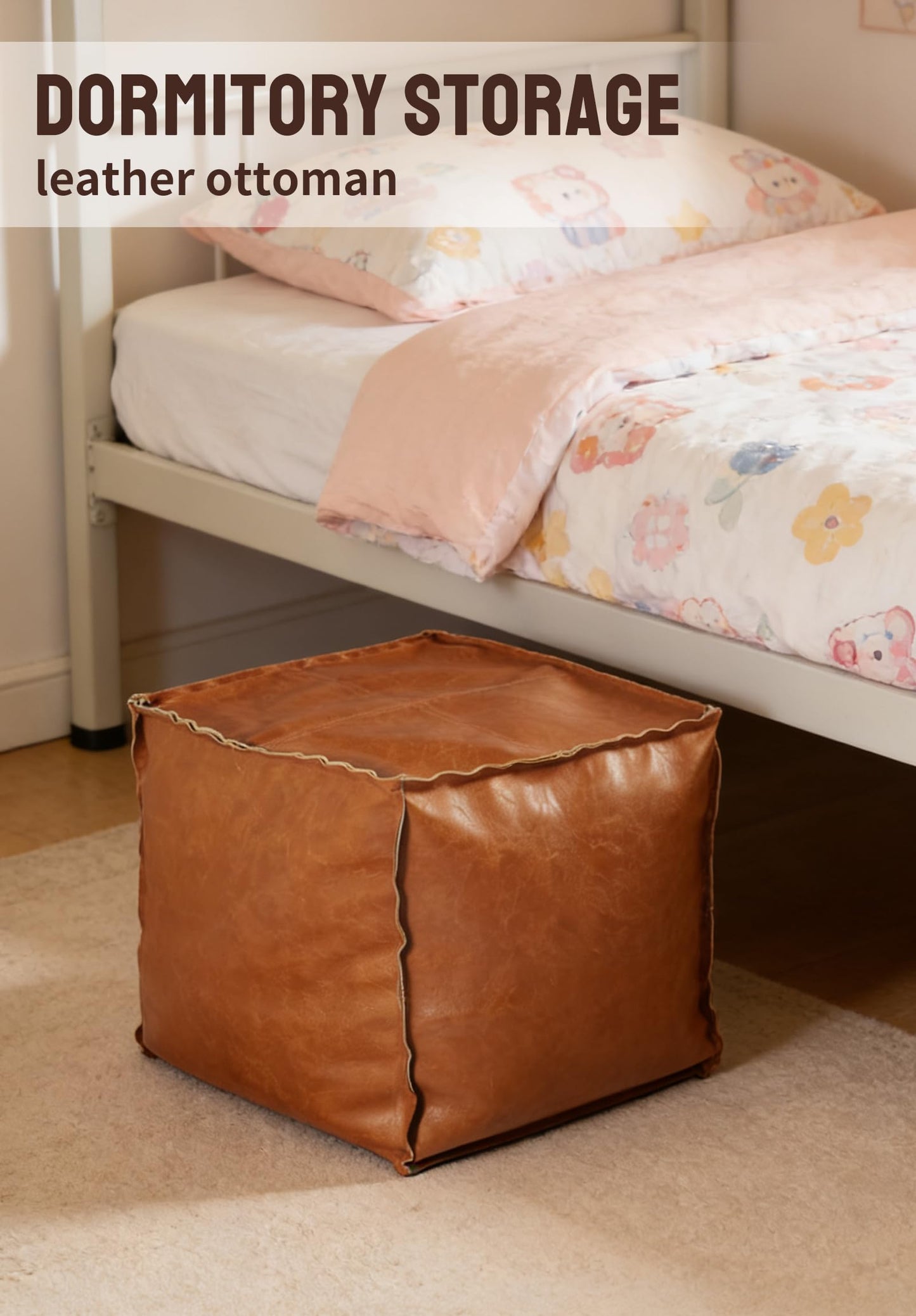 Unstuffed Pouf Ottoman Cover – 17.5in Square Handmade Moroccan Faux PU Leather Ottoman Cover – Tear-Resistant Waterproof Pouf Cover Only, No Filler, for Living Room, Bedroom, Dorm, Office – Brown