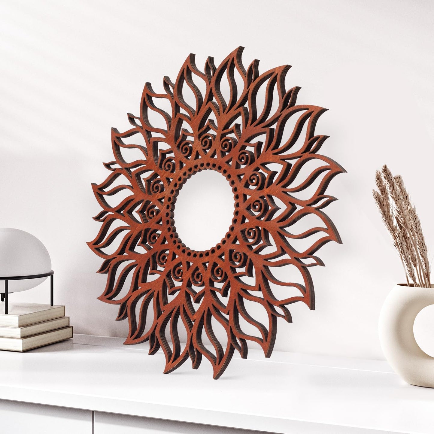 ADDMES 11.8 Inch Sun Wall Art Decor, Wooden Sun Wall Hanging Sculpture, Hollowed-out Mandala Hanging Sign for Indoor Outdoor Home Garden