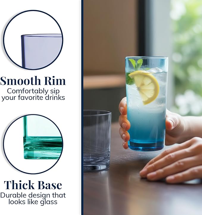 US Acrylic Classic Plastic Reusable Drinking Glasses (Set of 8) 12oz Rocks & 16oz Water Cups in Coastal Colors | BPA-Free Tumblers, Made in USA | Top-Rack Dishwasher Safe