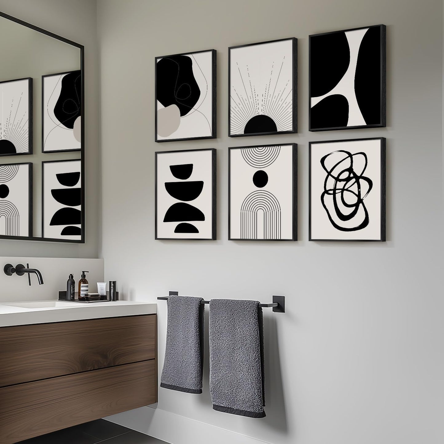 Framed Boho Black and White Abstract Wall Art, Set of 6 Modern Canvas Prints Paintings Artwork for Walls, Minimalist Geometric Pictures for Living Room Bedroom Office Bathroom Wall Decor 11x14 Inch