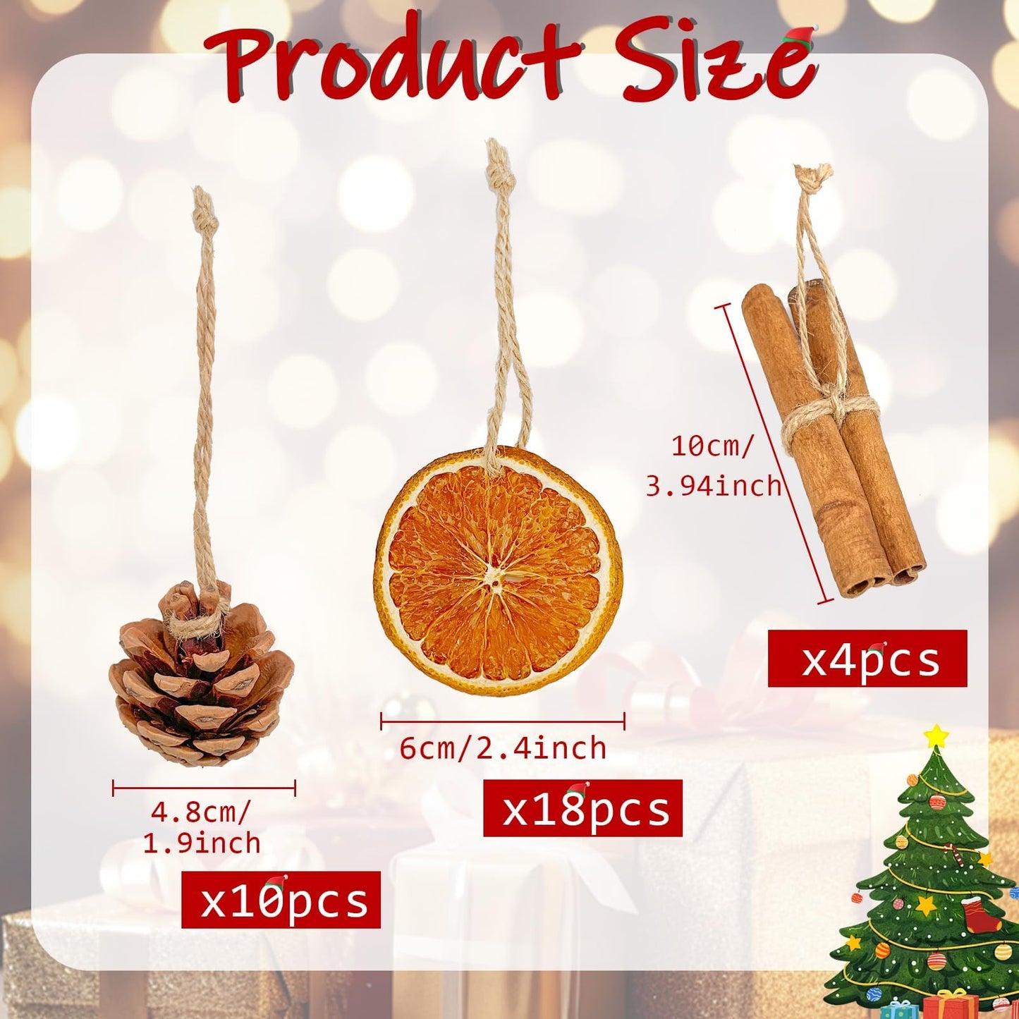 32pcs Natural Christmas Tree Ornaments Set, Rustic Christmas Ornaments Bulk with Dried Orange Slices, Cinnamon Sticks and Pine Cones with Rope,Hanging Yule Decor for Xmas Tree, DIY Crafts Decorations