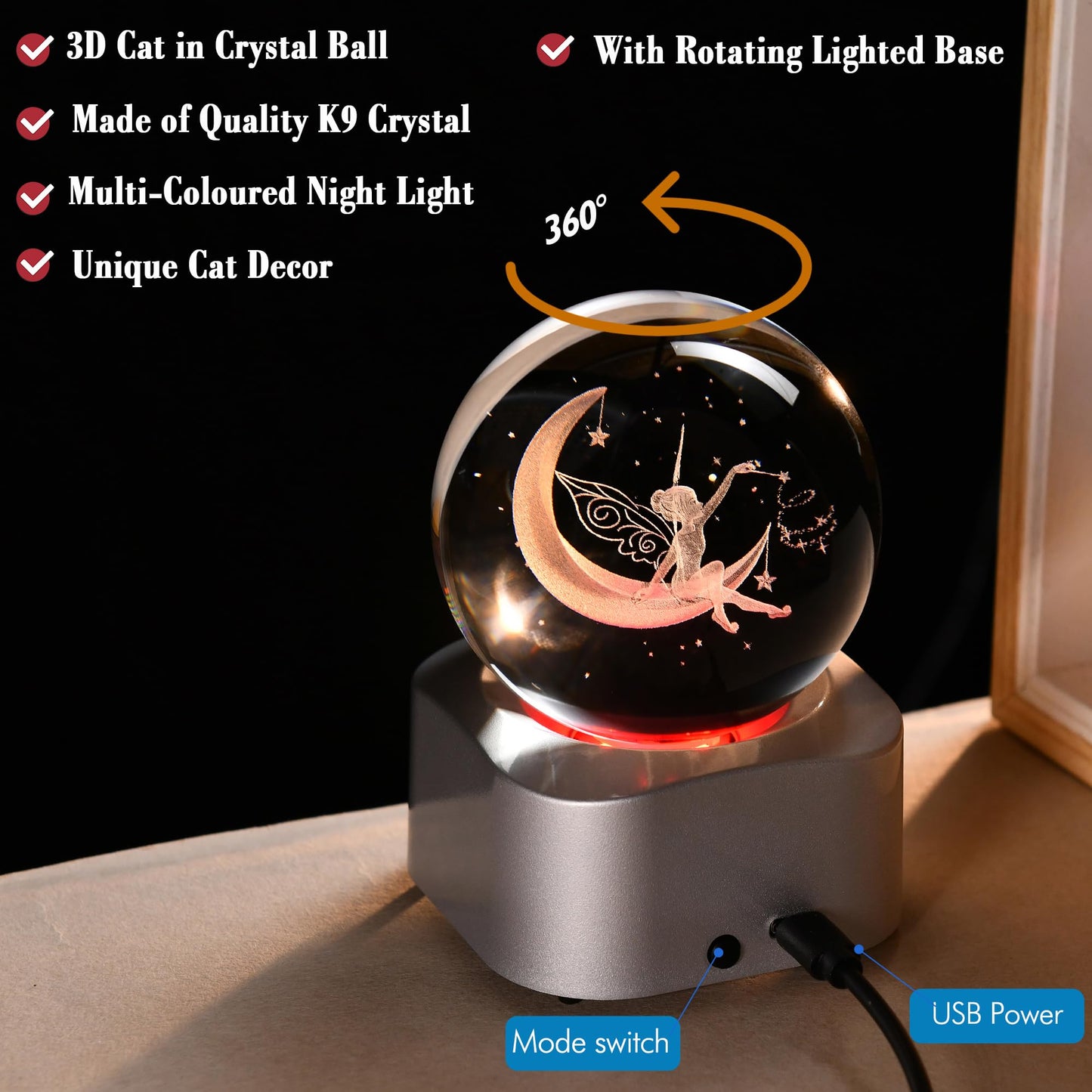 IFOLAINA 3D Fairy Crystal Ball with Rotating Lighted Stand Moon Fairy Glass Ball Decorative Globes Crystal Fairy Sphere Gifts for Girl Her Fairy Lover Birthday Gifts for Daughters
