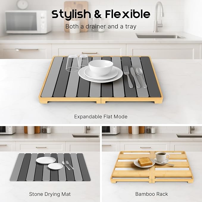 ArtyCozy Large Rollable Stone Drying Mat with Foldable Bamboo Dish Drying Rack for Kitchen Counter, Super Absorbent Diatomaceous Earth and Quick Drying Rack, 24"×16", Dark and Light Grey