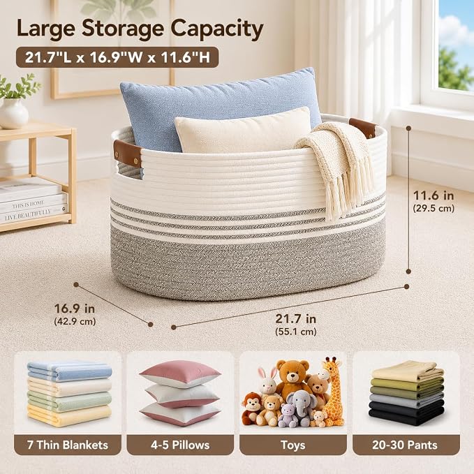 Large Woven Laundry Basket Hamper, 72L Cotton Rope Storage Bin for Blankets, Toys, Clothes, Decorative Nursery Hamper for Living Room, Baby Nursery, Bathroom, Bedroom, Kids Storage, Brown