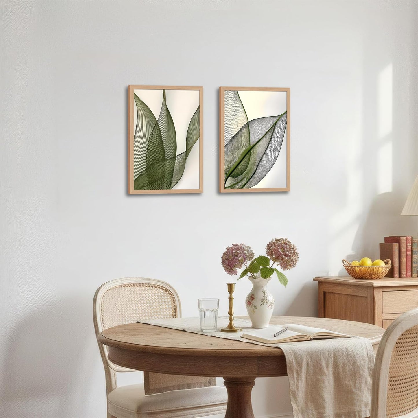 Green Leaf Wall Art Set of 2 with Wooden Frame – Minimalist Botanical Plant Prints, Modern Boho Tropical Leaves Painting, Framed Picture Wall Decor 12x16 Inch
