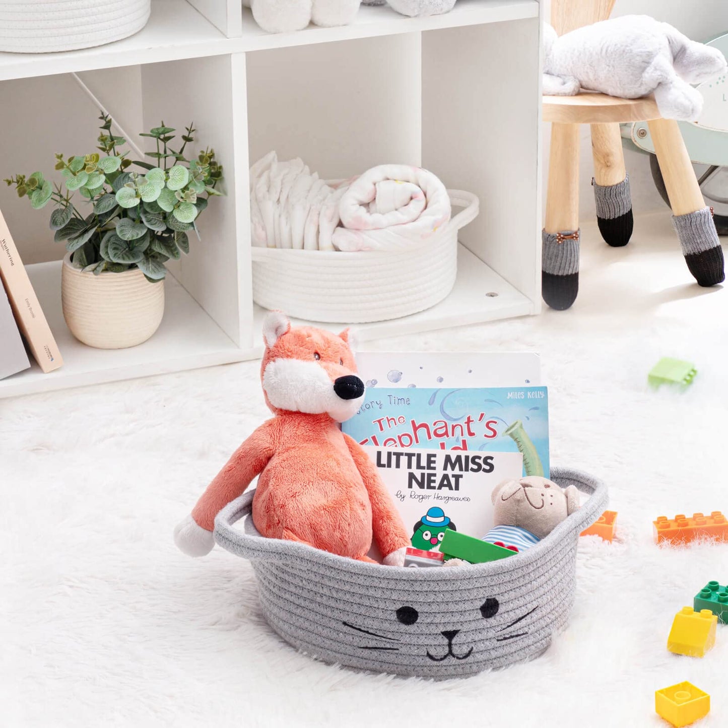 HiChen Small Woven Rope Storage Basket, Cute Cat Toy Basket for Living Room, Baby Baskets for Nursery, Gift Baskets Empty for Baby Shower, Grey, 9.8 x 4 inches