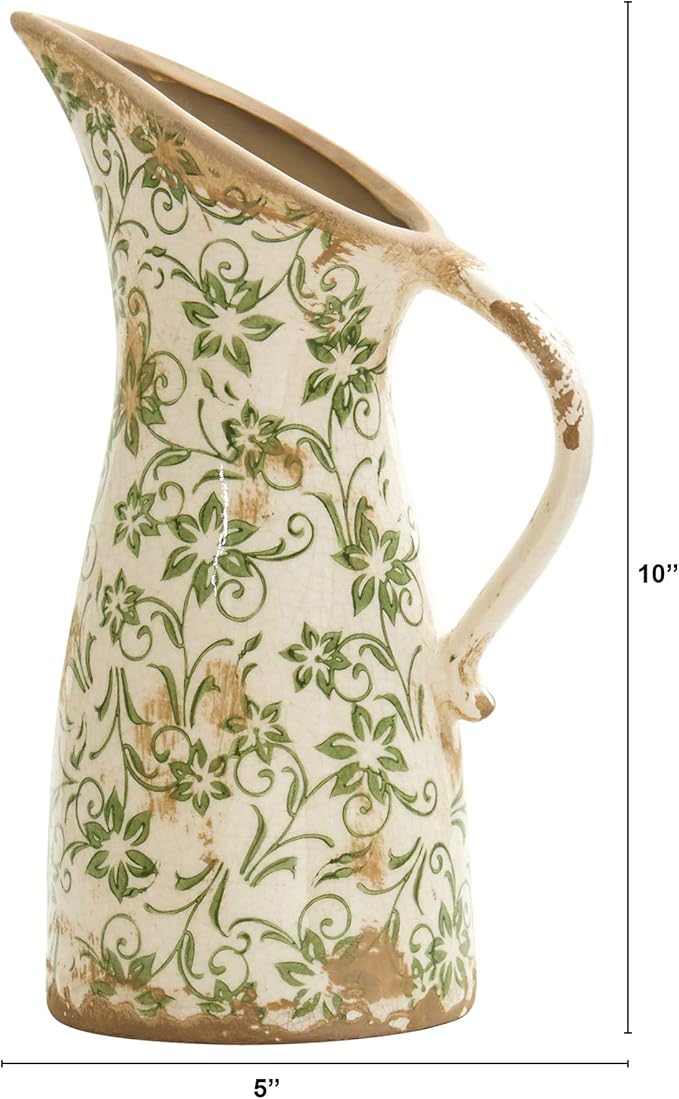 Nearly Natural 10in. Tuscan Ceramic Pitcher Vase, Green Scroll Design, Decorative Flower Vase for Home Decor, Living Room, Mantel & Entryway