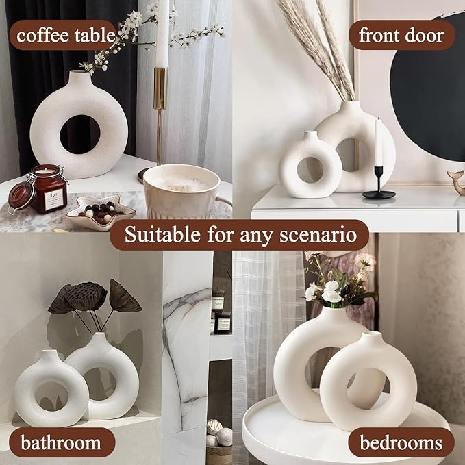 White Ceramic Donut Vase Set of 2, Hollow Matte Pampas Flower Vases for Boho Home Wedding Party Room Dinner Table Shelf Decor.（White）