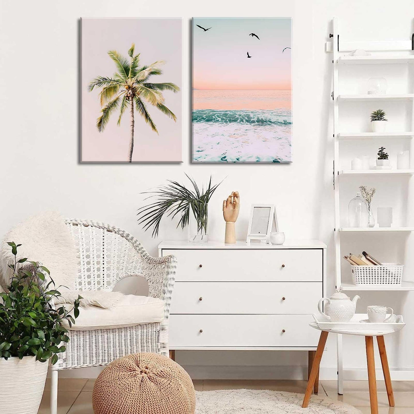 2Pcs Framed Pastel Beach Wall Art Tropical Palm Tree Canvas Posters Prints Coastal Ocean Wall Decor Pictures Summer Beach Theme Bedroom Living Room Decoration, 12x16 Inch