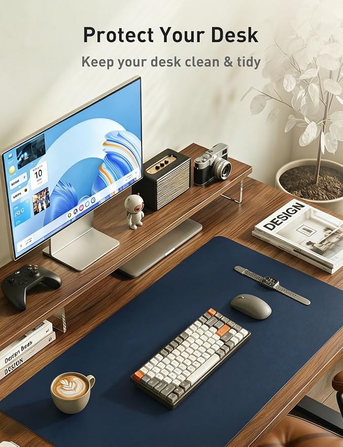 Aothia Faux Leather Desk Mat - Non-Slip PU Leather Desk Blotter, Waterproof Writing Surface, Large Desk Pad for Office & Home (Dark Blue, 55" x 17")